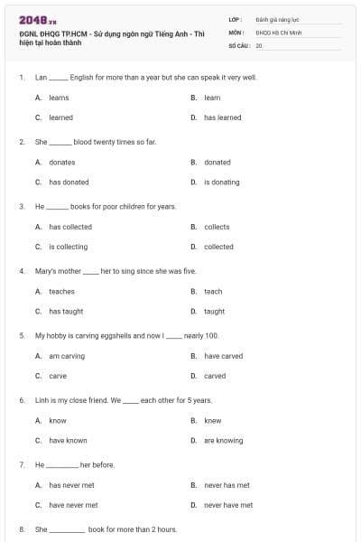 ĐGNL ĐHQG TP.HCM - Sử dụng ngôn ngữ Tiếng Anh - Thì hiện tại hoàn thành