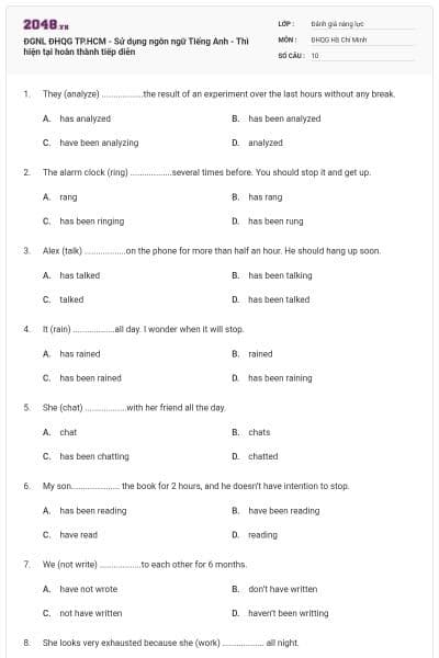 ĐGNL ĐHQG TP.HCM - Sử dụng ngôn ngữ Tiếng Anh - Thì hiện tại hoàn thành tiếp diễn