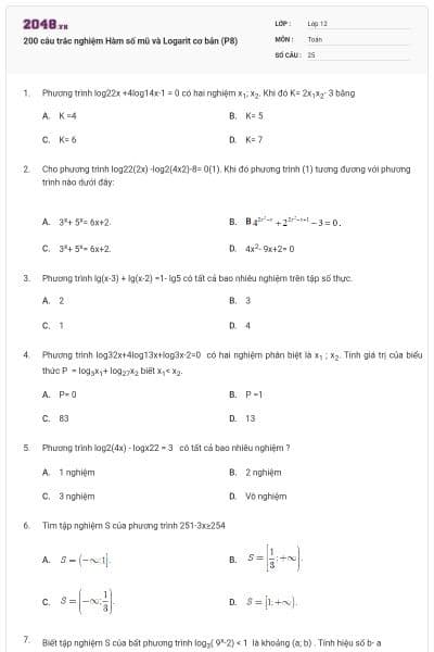 200 câu trắc nghiệm Hàm số mũ và Logarit cơ bản (P8)