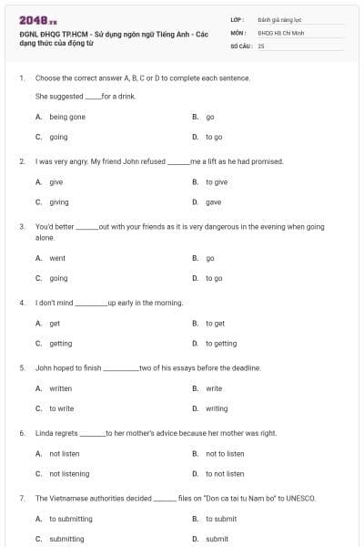 ĐGNL ĐHQG TP.HCM - Sử dụng ngôn ngữ Tiếng Anh - Các dạng thức của động từ