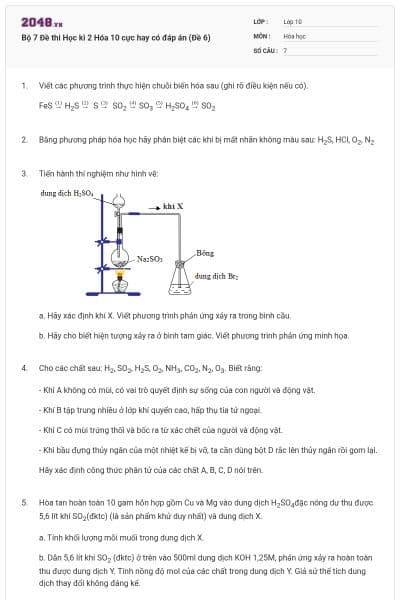 Bộ 7 Đề thi Học kì 2 Hóa 10 cực hay có đáp án (Đề 6)