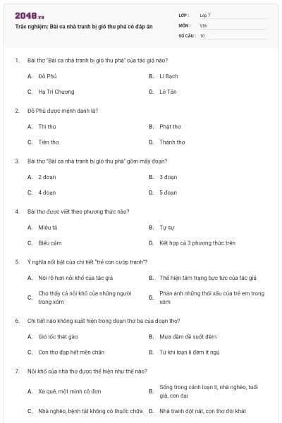 Trắc nghiệm: Bài ca nhà tranh bị gió thu phá có đáp án