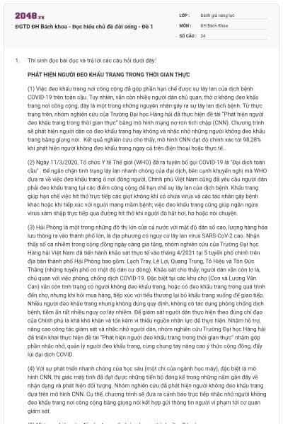 ĐGTD ĐH Bách khoa - Đọc hiểu chủ đề đời sống - Đề 1