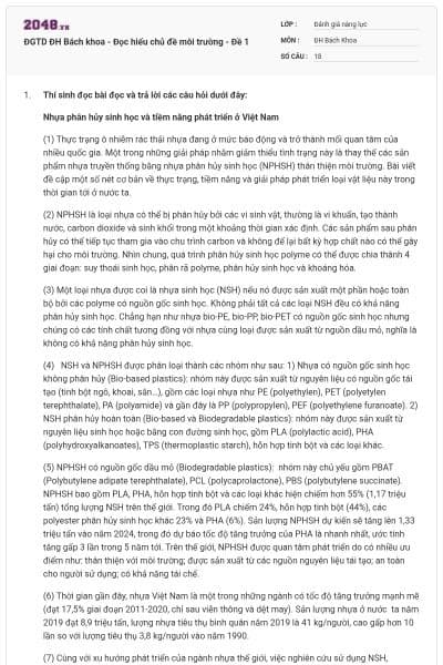 ĐGTD ĐH Bách khoa - Đọc hiểu chủ đề môi trường - Đề 1