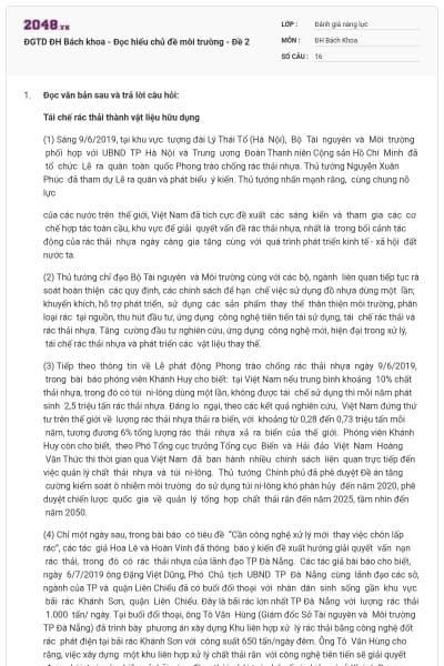 ĐGTD ĐH Bách khoa - Đọc hiểu chủ đề môi trường - Đề 2