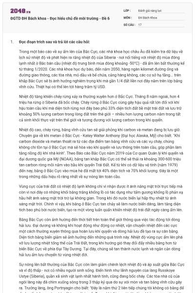 ĐGTD ĐH Bách khoa - Đọc hiểu chủ đề môi trường - Đề 6