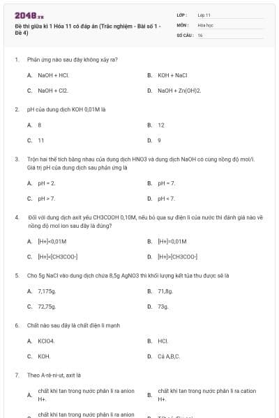 Đề thi giữa kì 1 Hóa 11 có đáp án (Trắc nghiệm - Bài số 1 - Đề 4)