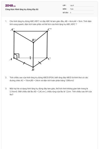 Công thức Hình lăng trụ đứng đầy đủ