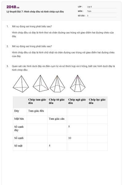 Lý thuyết Bài 7: Hình chóp đều và hình chóp cụt đều