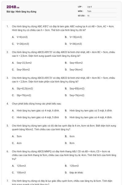 Bài tập: Hình lăng trụ đứng