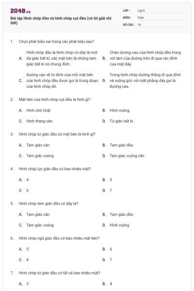 Bài tập Hình chóp đều và hình chóp cụt đều (có lời giải chi tiết)