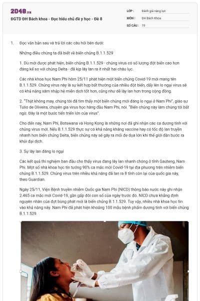 ĐGTD ĐH Bách khoa - Đọc hiểu chủ đề y học - Đề 8