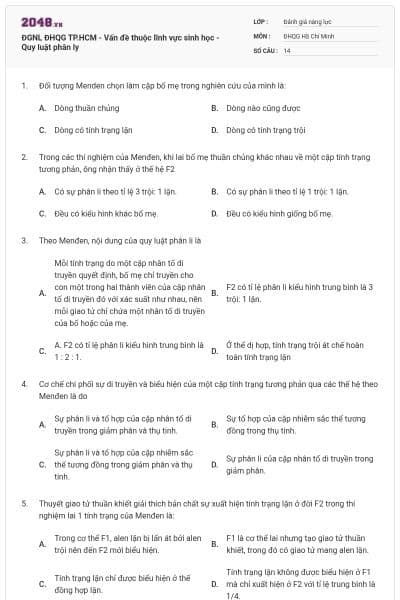 ĐGNL ĐHQG TP.HCM - Vấn đề thuộc lĩnh vực sinh học - Quy luật phân ly