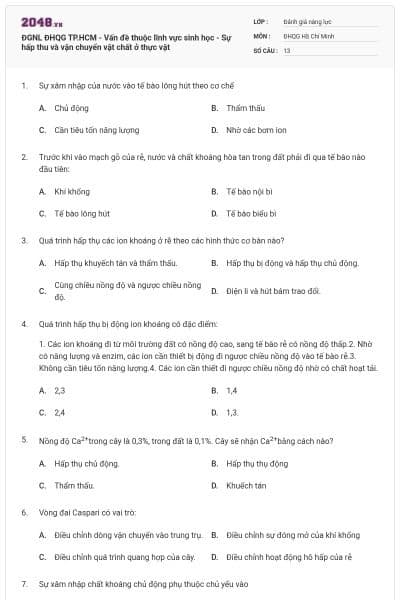 ĐGNL ĐHQG TP.HCM - Vấn đề thuộc lĩnh vực sinh học - Sự hấp thu và vận chuyển vật chất ở thực vật
