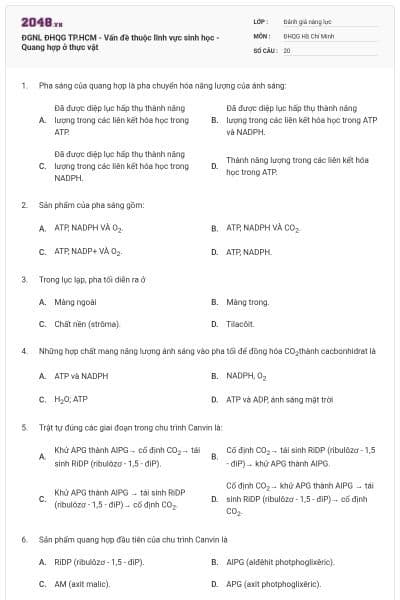 ĐGNL ĐHQG TP.HCM - Vấn đề thuộc lĩnh vực sinh học - Quang hợp ở thực vật