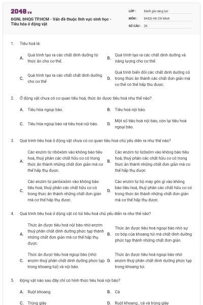 ĐGNL ĐHQG TP.HCM - Vấn đề thuộc lĩnh vực sinh học - Tiêu hóa ở động vật