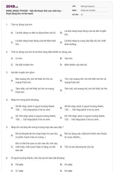 ĐGNL ĐHQG TP.HCM - Vấn đề thuộc lĩnh vực sinh học - Hoạt động tim và hệ mạch