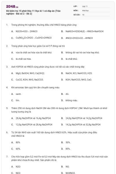 Đề kiểm tra 15 phút Hóa 11 Học kì 1 có đáp án (Trắc nghiệm - Bài số 2 - Đề 2)