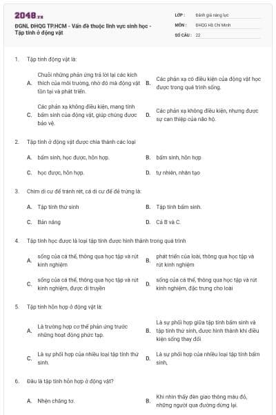 ĐGNL ĐHQG TP.HCM - Vấn đề thuộc lĩnh vực sinh học - Tập tính ở động vật