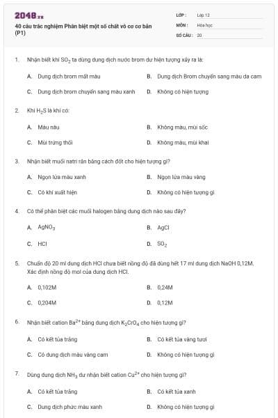 40 câu trắc nghiệm Phân biệt một số chất vô cơ cơ bản (P1)