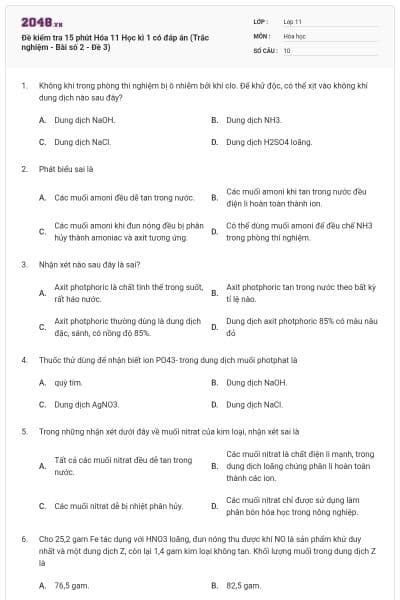 Đề kiểm tra 15 phút Hóa 11 Học kì 1 có đáp án (Trắc nghiệm - Bài số 2 - Đề 3)