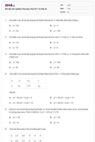 Bài tập trắc nghiệm Chương 2 Đại Số 7 có đáp án