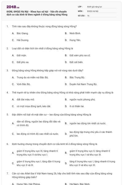 ĐGNL ĐHQG Hà Nội - Khoa học xã hội - Vấn đề chuyển dịch cơ cấu kinh tế theo ngành ở đồng bằng sông Hồng