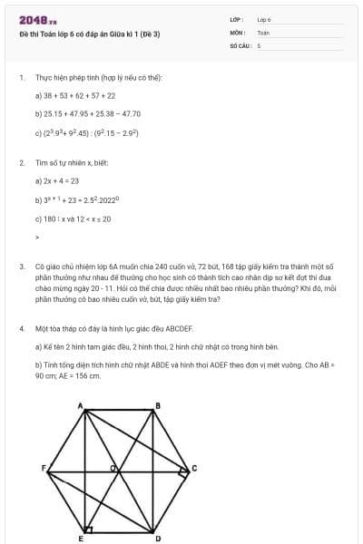 Đề thi Toán lớp 6 có đáp án Giữa kì 1 (Đề 3)