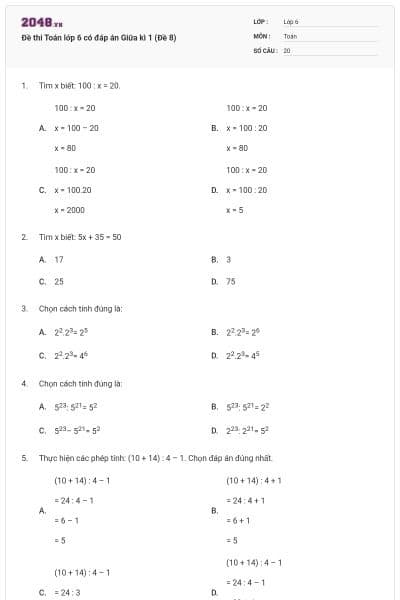 Đề thi Toán lớp 6 có đáp án Giữa kì 1 (Đề 8)