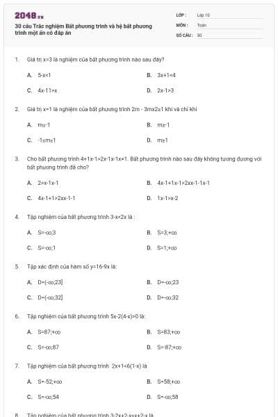 30 câu Trắc nghiệm Bất phương trình và hệ bất phương trình một ẩn có đáp án