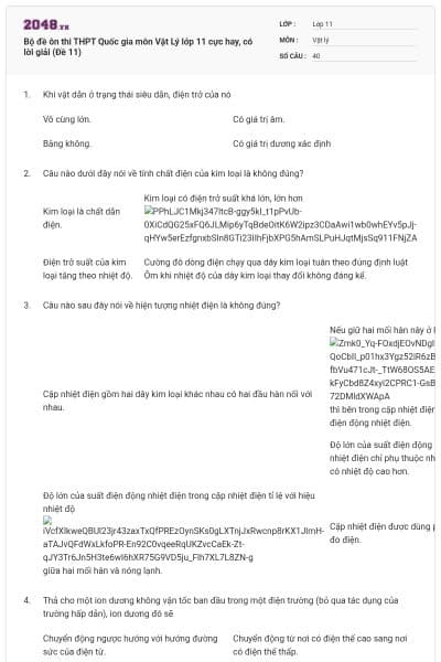 Bộ đề ôn thi THPT Quốc gia môn Vật Lý lớp 11 cực hay, có lời giải (Đề 11)