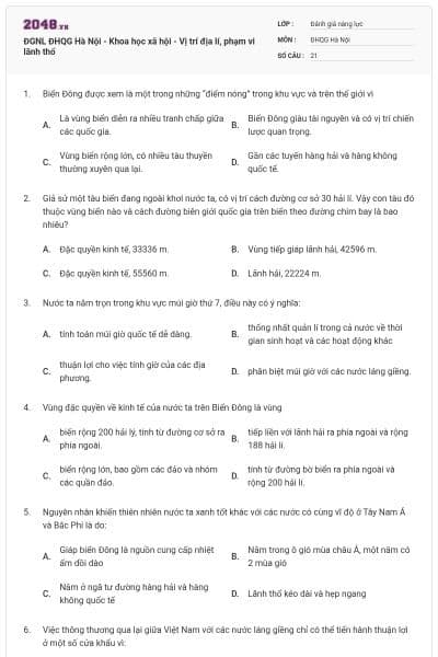 ĐGNL ĐHQG Hà Nội - Khoa học xã hội - Vị trí địa lí, phạm vi lãnh thổ