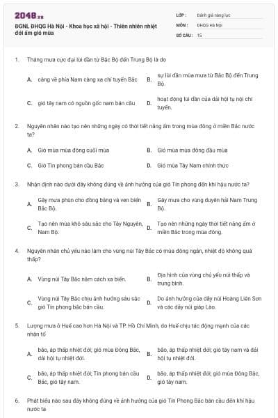 ĐGNL ĐHQG Hà Nội - Khoa học xã hội - Thiên nhiên nhiệt đới ẩm gió mùa