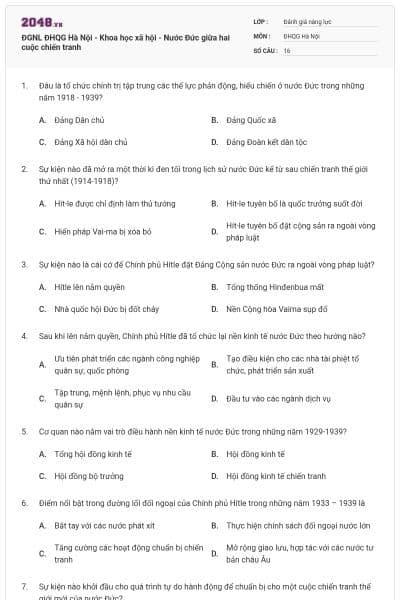 ĐGNL ĐHQG Hà Nội - Khoa học xã hội - Nước Đức giữa hai cuộc chiến tranh