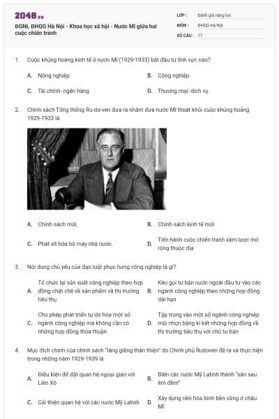 ĐGNL ĐHQG Hà Nội - Khoa học xã hội - Nước Mĩ giữa hai cuộc chiến tranh