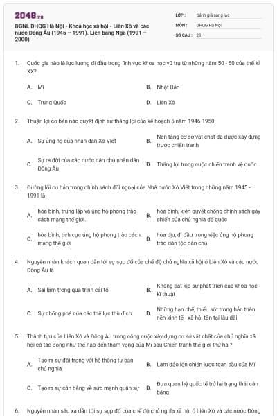 ĐGNL ĐHQG Hà Nội - Khoa học xã hội - Liên Xô và các nước Đông Âu (1945 – 1991). Liên bang Nga (1991 – 2000)