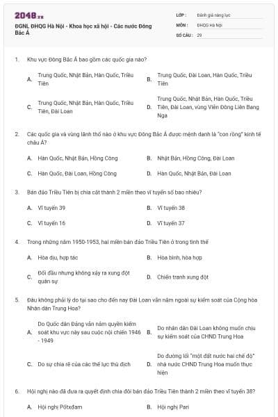 ĐGNL ĐHQG Hà Nội - Khoa học xã hội - Các nước Đông Bắc Á