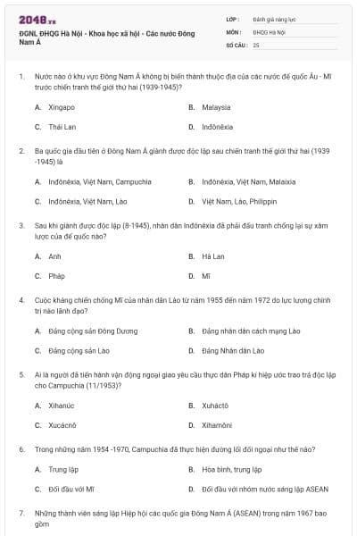 ĐGNL ĐHQG Hà Nội - Khoa học xã hội - Các nước Đông Nam Á