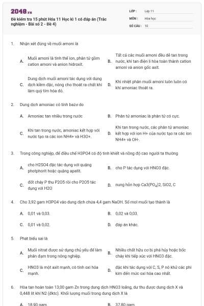 Đề kiểm tra 15 phút Hóa 11 Học kì 1 có đáp án (Trắc nghiệm - Bài số 2 - Đề 4)