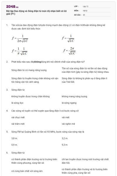 Bài tập Dao động và Sóng điện từ mức độ nhận biết có lời giải (P1)
