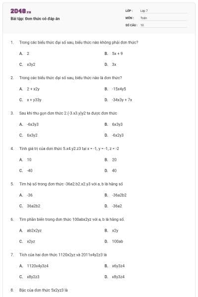 Bài tập: Đơn thức có đáp án