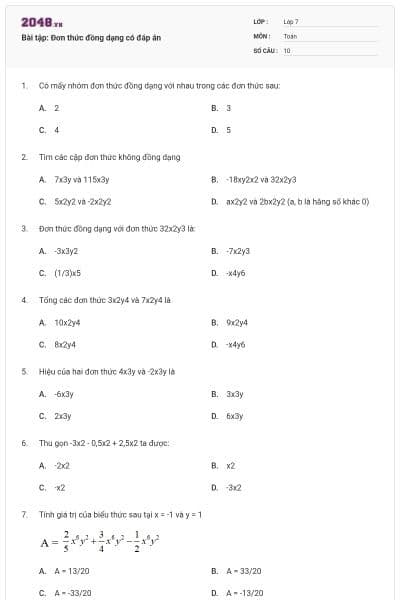 Bài tập: Đơn thức đồng dạng có đáp án