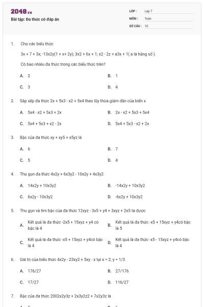 Bài tập: Đa thức có đáp án