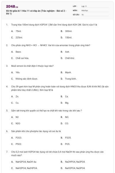 Đề thi giữa kì 1 Hóa 11 có đáp án (Trắc nghiệm - Bài số 2 - Đề 1)