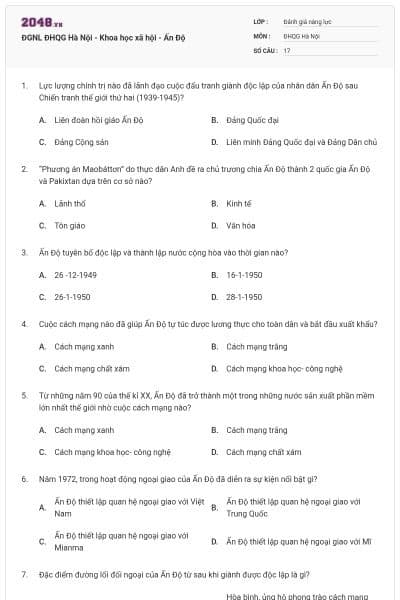 ĐGNL ĐHQG Hà Nội - Khoa học xã hội - Ấn Độ