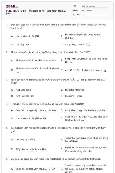 ĐGNL ĐHQG Hà Nội - Khoa học xã hội - Liên minh châu Âu (EU)