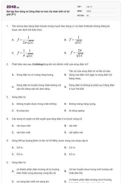 Bài tập Dao động và Sóng điện từ mức độ nhận biết có lời giải (P1)