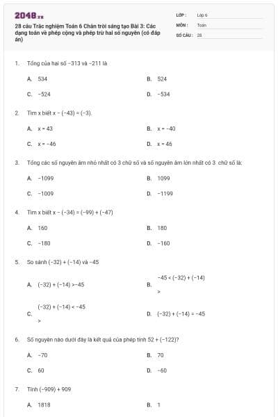 28 câu Trắc nghiệm Toán 6 Chân trời sáng tạo Bài 3: Các dạng toán về phép cộng và phép trừ hai số nguyên (có đáp án)