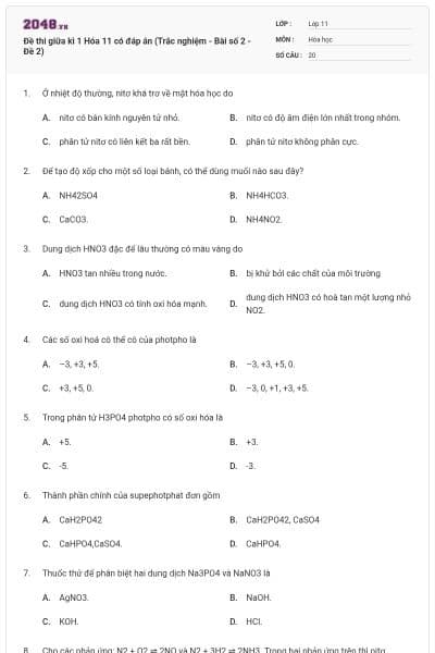 Đề thi giữa kì 1 Hóa 11 có đáp án (Trắc nghiệm - Bài số 2 - Đề 2)