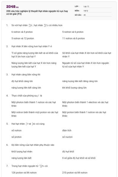 200 câu trắc nghiệm lý thuyết Hạt nhân nguyên tử cực hay có lời giải (P3)